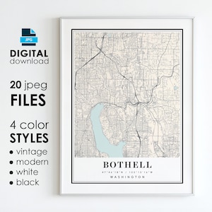 BOTHELL WA kaart - afdrukbare digitale kunst - Bothell Washington City Poster kaart - digitale Instant Download