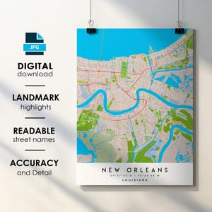 Affiche imprimée carte de la ville de la Nouvelle-Orléans avec le nom de la rue en téléchargement numérique instantané, carte imprimable de la Nouvelle-Orléans en Louisiane