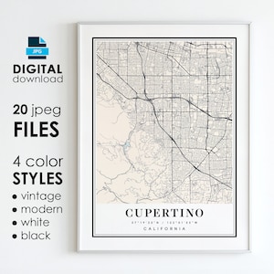 May include: A black and white map of Cupertino, California, with the city name and coordinates printed at the bottom. The map is framed in a white frame.
