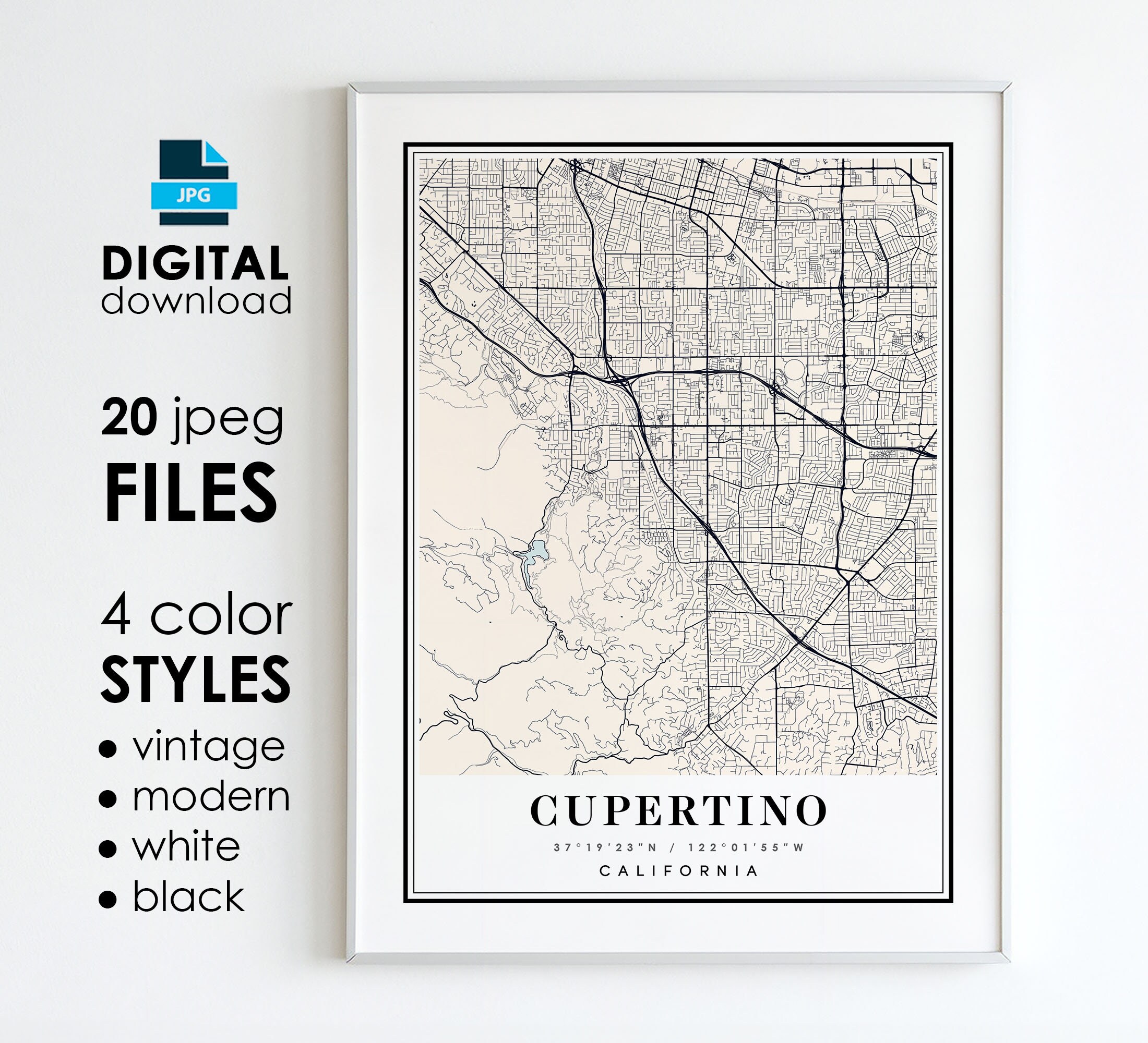 CUPERTINO CA Map - Printable Digital Art - Cupertino California City Poster Map - Digital Instant Download