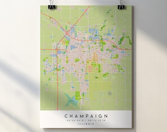 Affiche imprimée de la carte de la ville de Champaign, dans l'Illinois, avec les noms des rues (téléchargement numérique)