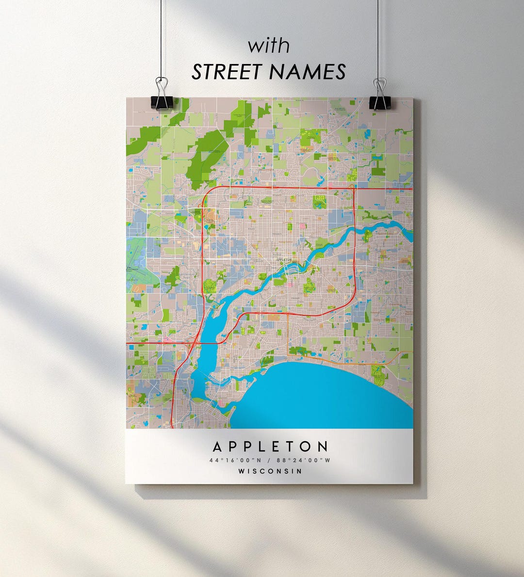 Appleton WI City Map Print Poster With Street Names (digital Download ...