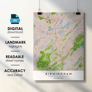 Affiche impression carte de la ville de Birmingham AL avec nom de la rue téléchargement numérique instantané, carte imprimable de Birmingham en Alabama