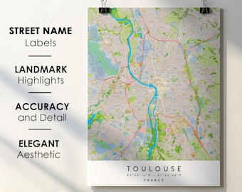 Impresión artística del mapa de la ciudad de Toulouse, Francia: nombres de calles detallados (descarga digital)