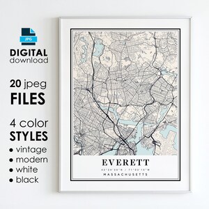 May include: A printable map of Everett, Massachusetts, in a vintage style. The map is in black and white with a cream background. The city name and coordinates are printed at the bottom of the map.