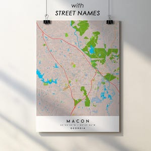 Konsttryck av stadskarta över Macon, Georgia: Detaljerad gatukarta (digital nedladdning)