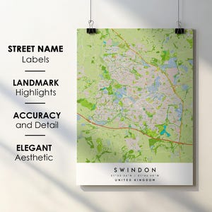 Swindon Verenigd Koninkrijk stadsplattegrond print poster kunst met straatnaam - kaart van Europa - instant digitale download afdrukbare kaart