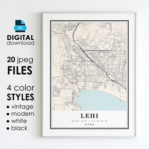 May include: A printable map of Lehi, Utah, in black and white. The map shows the city's streets, roads, and waterways. The map is framed in a white frame. The text "LEHI" and "UTAH" are printed on the map.