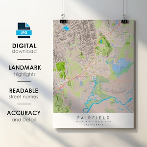 Fairfield CA City Map Print Poster with Street Name Instant Digital Download, Fairfield California Printable Map