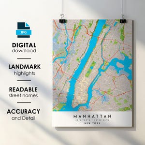 Manhattan NY City Map Print Poster with Street Name Instant Digital Download, Manhattan New York Printable Map