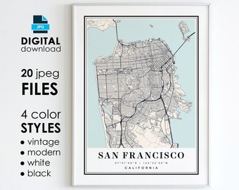 Kaartkunstdruk San Francisco, CA: modern, vintage, zwart, wit (digitale download)