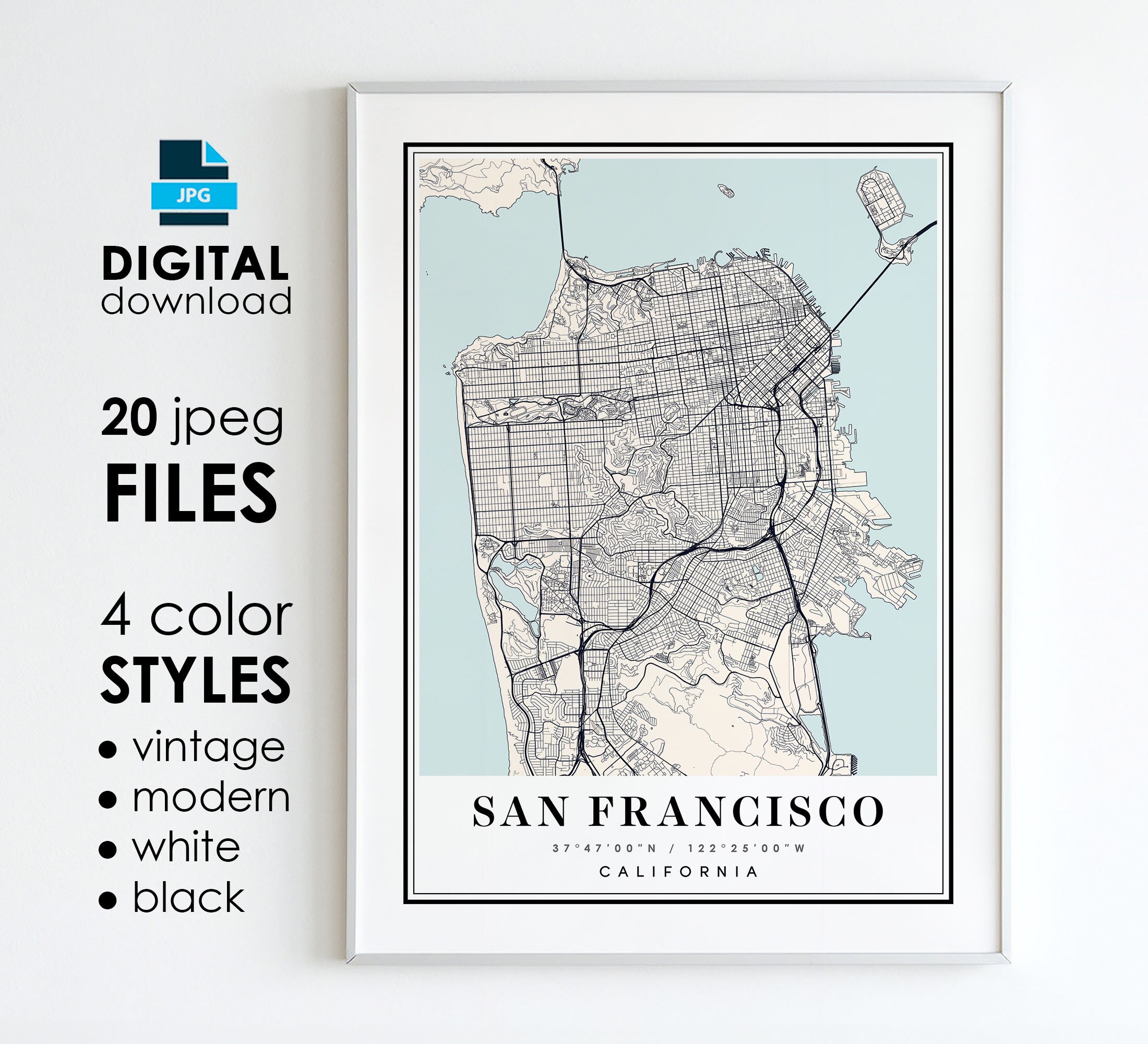 San Francisco CA Map Printable, Digital Wall Art, City Street Map Decor, Modern Home Office Print, Travel Gift, Instant Download PDF