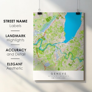 Genève-Zwitserland-stadskaart afdrukken posterkunst met straatnaam - kaart van Europa - afdrukbare kaart instant digitale download downloaden