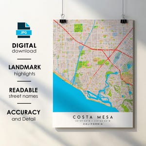 Affiche impression carte de la ville de Costa Mesa en Californie avec le nom de la rue en téléchargement numérique instantané, carte imprimable de la ville de Costa Mesa en Californie