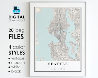 SEATTLE WA Map - Printable Digital Art - Seattle Washington City Poster Map - Digital Instant Download