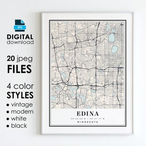 May include: A printable map of Edina, Minnesota, in black and white with blue water features. The map includes the city name, coordinates, and state. The map is available in 20 jpeg files and 4 color styles: vintage, modern, white, and black.