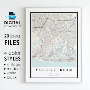 Mapa VALLEY STREAM NY - Arte digital para impressão - Mapa de pôster da cidade de Nova York Valley Stream - Download digital instantâneo