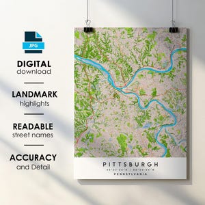 Pittsburgh PA City Map Print Poster with Street Name Instant Digital Download, Pittsburgh Pennsylvania Printable Map