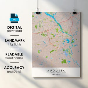 Augusta GA City Map Print Poster with Street Name Instant Digital Download, Augusta Georgia Printable Map