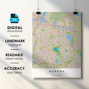 Affiche impression carte de la ville d'Aurora avec le nom de la rue en téléchargement numérique instantané, carte imprimable d'Aurora Colorado