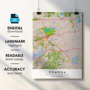 Pomona CA City Map Print Poster with Street Name Instant Digital Download, Pomona California Printable Map