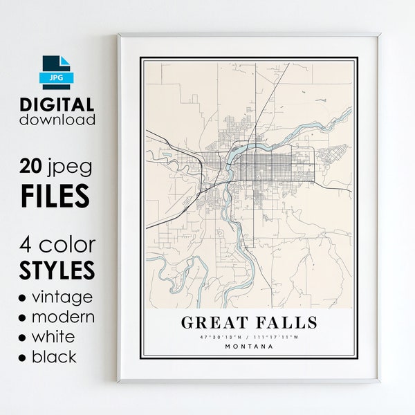 GREAT FALLS MT Map - Printable Digital Art - Great Falls Montana City Poster Map - Digital Instant Download