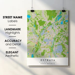 Stadsplattegrond van Ostrava Tsjechië afdrukken posterkunst met straatnaam - kaart van Europa - afdrukbare kaart instant digitale download downloaden