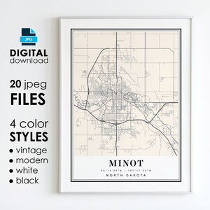Op de afbeelding: Een afdrukbare kaart van Minot, North Dakota, in een wit frame. De kaart is in zwart-wit en toont de straten en bezienswaardigheden van de stad. De tekst "Minot, North Dakota" is onder de kaart afgedrukt.