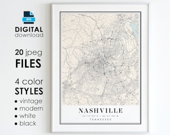 Impresión artística del mapa de Nashville, TN: estilos modernos y vintage (descarga digital)