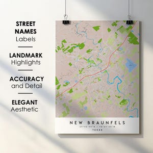 New Braunfels TX City Map Print Poster with Street Name Instant Digital Download, New Braunfels Texas Printable Map