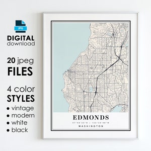 EDMONDS WA Karte – druckbare digitale Kunst – Edmonds Washington City Poster Karte – digitaler Sofort-Download