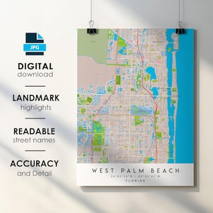 West Palm Beach FL City Map Print Poster with Street Name Instant Digital Download, West Palm Beach Florida Printable Map