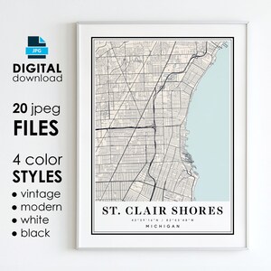 May include: A printable map of St. Clair Shores, Michigan. The map is in a vintage style with a beige background and black lines. The map includes the city's streets, parks, and waterways. The text "ST. CLAIR SHORES" is printed in black at the bottom of the map, along with the coordinates "42 29 14 N / 82 53 48 W" and the word "MICHIGAN".