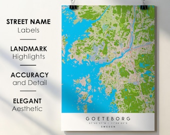 Mappa della città di Göteborg, Svezia, stampa artistica: mappa stradale dettagliata (download digitale)