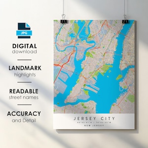 Jersey City NJ-stadskaart print poster met straatnaam directe digitale download, afdrukbare kaart Jersey City New Jersey