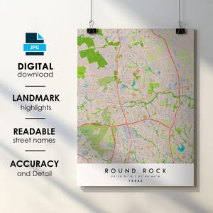 Round Rock TX carte de la ville impression poster avec nom de la rue téléchargement numérique instantané, carte imprimable Round Rock Texas