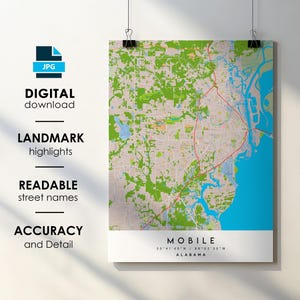 Mobile AL Stadt Karte Drucken Poster mit Straßenname Sofortiger digitaler Download, Mobile Alabama druckbare Karte