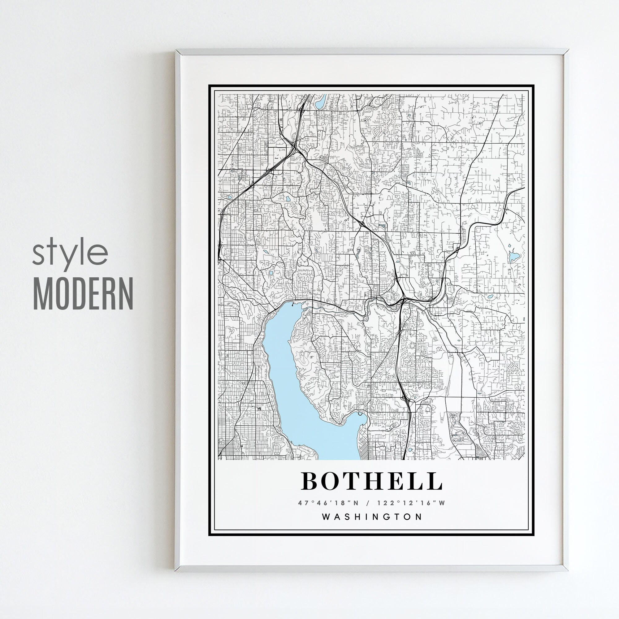 Bothell WA Map Art Print: Vintage, Modern, Black, White (digital ...
