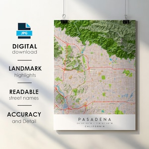 Pasadena CA City Map Print Poster with Street Name Instant Digital Download, Pasadena California Printable Map
