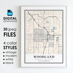 Mapa WOODLAND CA - Arte digital para impressão - Mapa de pôster da cidade de Woodland Califórnia - Download digital instantâneo