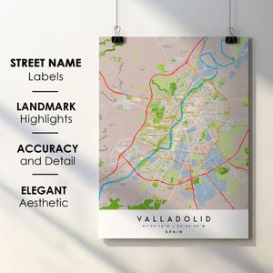 Póster impreso con mapa de la ciudad de Valladolid, España, con nombre de calle - Mapa de Europa - Descarga digital instantánea - Mapa imprimible