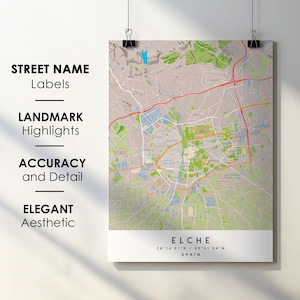 Póster impreso con el nombre de la calle de Elche, España - Mapa de Europa - Descarga digital instantánea - Mapa imprimible
