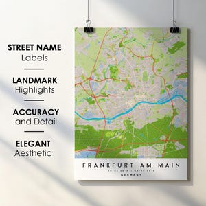 Póster impreso con mapa de la ciudad de Fráncfort del Meno, Alemania, con nombre de calle - Mapa de Europa - Descarga digital instantánea - Mapa imprimible