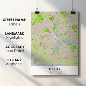 Póster impreso con mapa de la ciudad de Derby, Reino Unido, con nombre de calle - Mapa de Europa - Descarga digital instantánea - Mapa imprimible