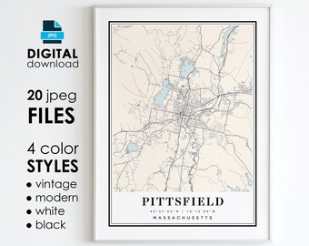 Pittsfield Massachusetts Map Art Print: Modern, Vintage Styles (Digital Download)