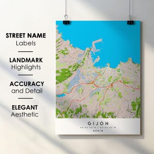 Póster con mapa de la ciudad de Gijón, España, con nombre de calle - Mapa de Europa - Descarga digital instantánea - Mapa imprimible
