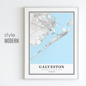 Pode incluir: Um mapa preto e branco de Galveston, Texas com um fundo azul claro. O mapa mostra as ruas, vias naveg&aacute;veis e a costa da cidade. O texto "GALVESTON 29&deg;16'52"N / 94&deg;49'33"W TEXAS" est&aacute; impresso abaixo do mapa.