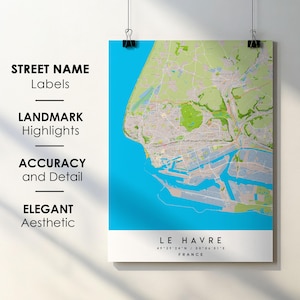 Le Havre Frankrijk stadsplattegrond print poster kunst met straatnaam - kaart van Europa - instant digitale download afdrukbare kaart