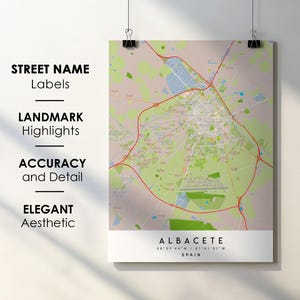 Póster impreso con el nombre de la calle de Albacete, España - Mapa de Europa - Descarga digital instantánea - Mapa imprimible