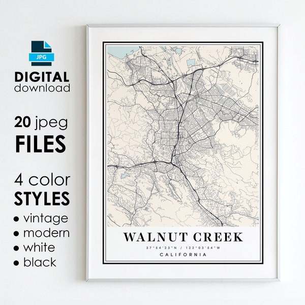 WALNUT CREEK CA Map - Printable Digital Art - Walnut Creek California City Poster Map - Digital Instant Download